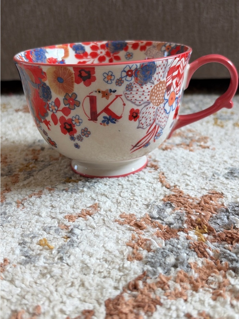 Anthropologie Floral Ceramic Mug with Monogrammed K